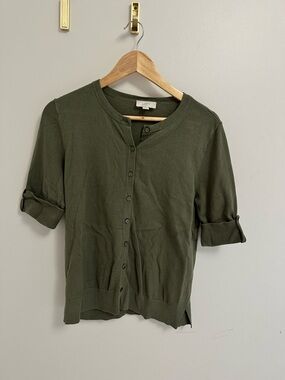 LOFT Olive Green Button Cardigan with Ribbed Trim